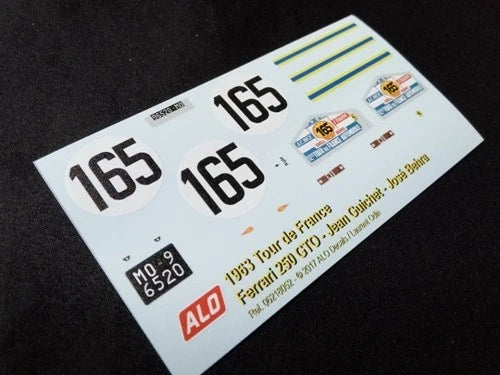 1963 TOUR DE FRANCE #165 FERRARI 250 GTO JEAN GUICHET/JOSE BEHRA 1:43, 1:24, 1:18 DECALS