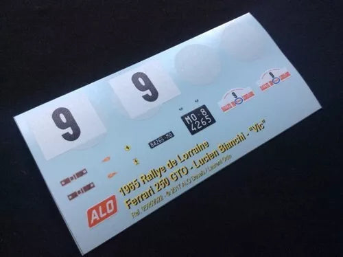 1965 LORRAINE RALLY #9 FERRARI 250 GTO LUCIEN BIANCHI/EDDY LAMBRECHT ("VIC") 1:24 DECALS