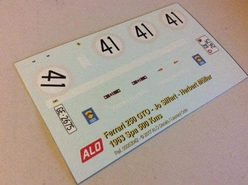 1963 SPA 500 KMS #41 FERRARI 250 GTO JO SIFFERT/HERBERT MÜLLER 1:43, 1:24, 1:18, 1:8 DECALS