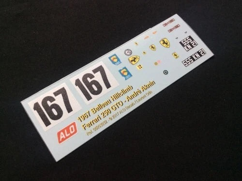1967 BELLEAU HILLCLIMB #167 FERRARI 250 GTO ANDRE AKNIN 1:43, 1:24, 1:18 DECALS