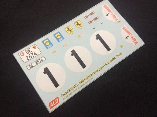 1966 BOURGOGNE RALLY # 1 FERRARI 250 GTO CLAUDE BOURILLOT/DAVID 1:43, 1:24, 1:18 DECALS