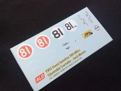 1963 ROAD AMERICA 500 MILES #81 CHEVROLET CORVETTE JACK MOORE 1:43, 1:24 DECALS