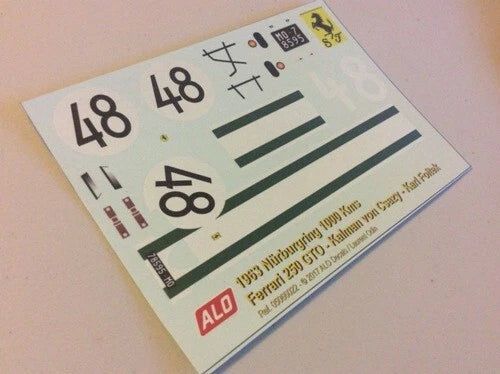 1963 NÜRBURGRING 1000 KMS #48 FERRARI 250 GTO KALMAN VON CSAZY/KARL FOITEK 1:43, 1:24, 1:18 DECALS