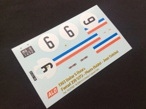 1963 DAKAR 6 HOURS #6 FERRARI 250 GTO PIERRE NOBLET/JEAN GUICHET 1:43, 1:24, 1:18 DECALS
