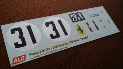 1966 MONTSENY HILLCLIMB #31 FERRARI 250 GTO "GERALD" 1:43, 1:24, 1:18 DECALS