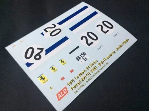 1961 LE MANS 24 HOURS #20 FERRARI 250 GT SWB BOB GROSSMAN/ANDRE PILETTE 1:43, 1:24, 1:18 DECALS