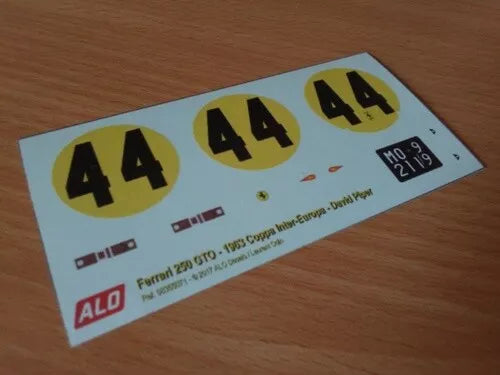 1963 COPPA INTER-EUROPA, MONZA #44 FERRARI 250 GTO DAVID PIPER 1:43, 1:24, 1:18 DECALS