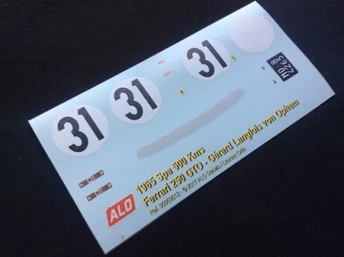 1965 SPA GP #31 FERRARI 250 GTO GERARD LANGLOIS VON OPHEM 1:24 DECALS