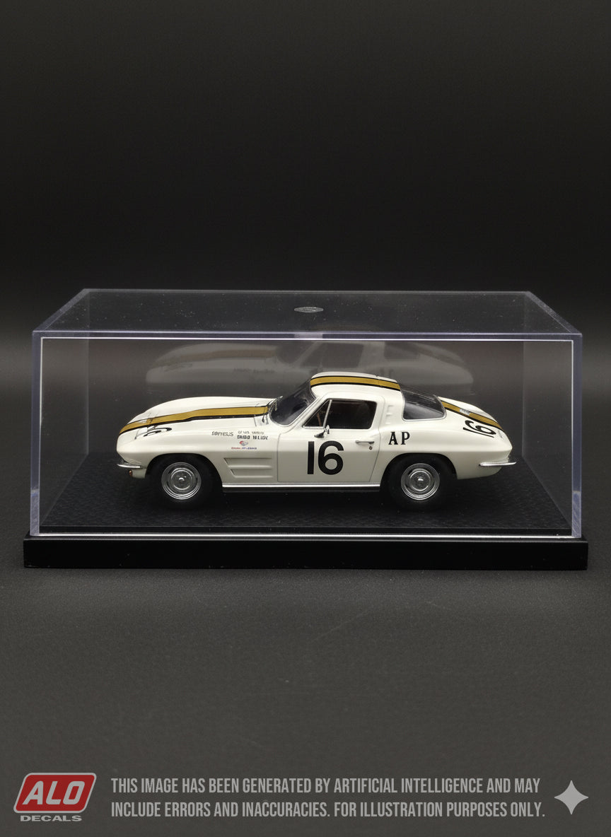 1963 BRIDGEHAMPTON DOUBLE 500 #16 CHEVROLET CORVETTE ALLAN WYLIE/GERRY GEORGI 1:43, 1:24 DECALS