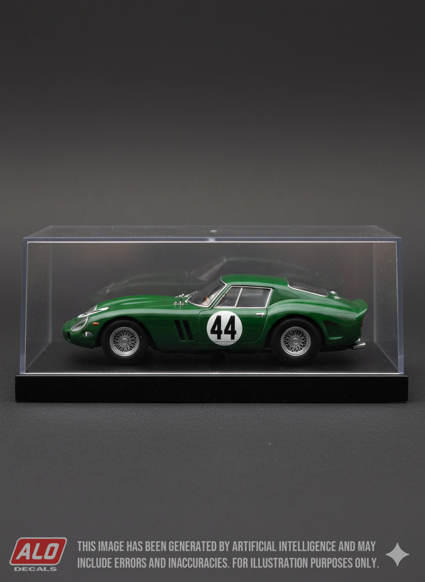 1963 BRITISH GRAND PRIX INTERNATIONAL GT RACE, SILVERSTONE #44 FERRARI 250 GTO DAVID PIPER 1:43, 1:18 DECALS