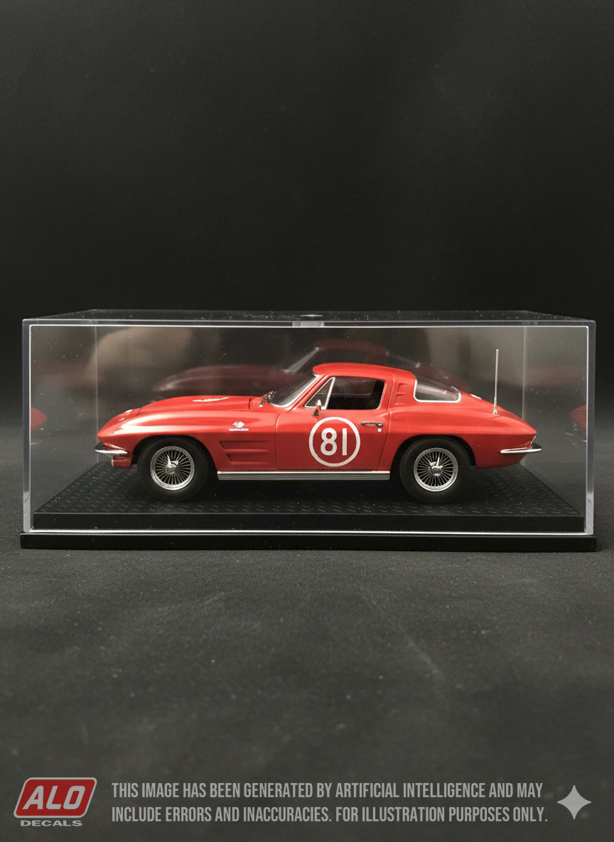 1963 ROAD AMERICA 500 MILES #81 CHEVROLET CORVETTE JACK MOORE 1:43, 1:24 DECALS
