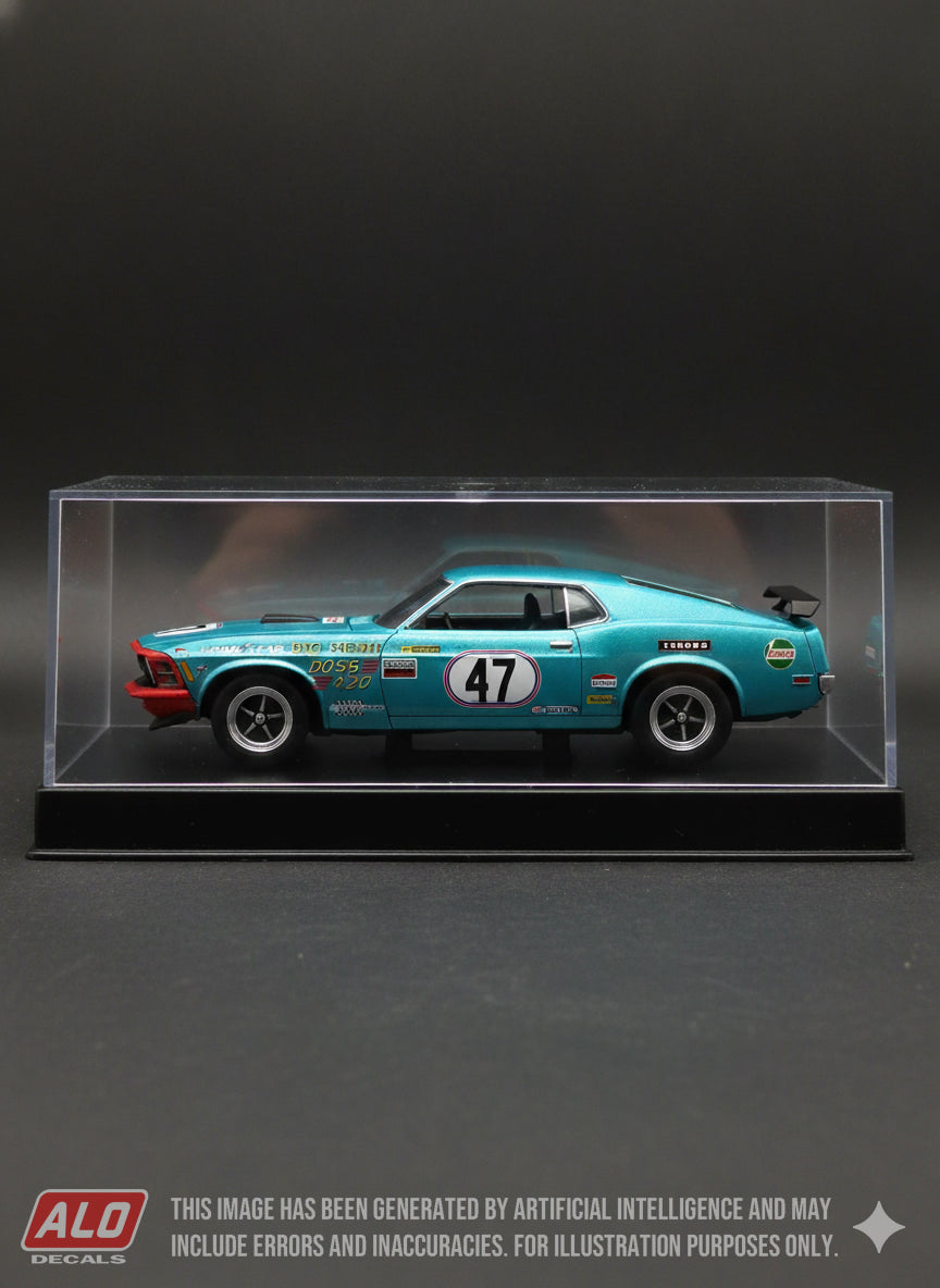 1973 AUTOMOTIVE PRODUCTS TOURING CAR TROPHY, SILVERSTONE #47 FORD MUSTANG BOSS DENNIS LEECH 1:43, 1:24 DECALS