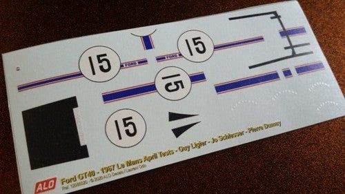 1967 LE MANS APRIL TESTS #15 FORD GT40 GUY LIGIER/JO SCHLESSER/PIERRE DUMAY 1:43 DECALS