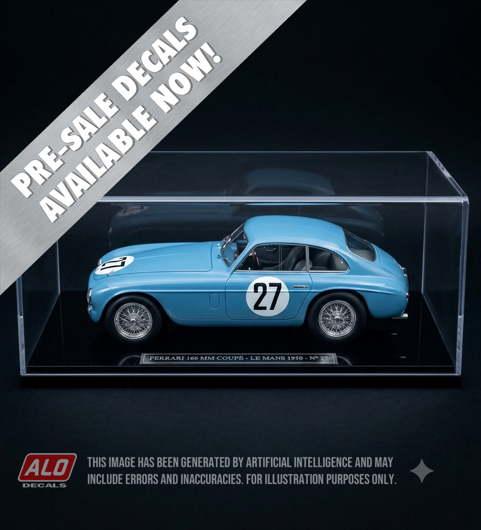 1950 LE MANS 24 HOURS #27 FERRARI 166 MM YVONNE SIMON/MICHEL CASSE 1:43, 1:32, 1:24, 1:18 DECALS