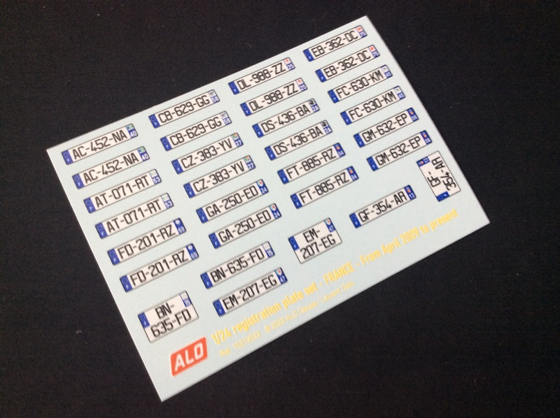 2009-PRESENT FRENCH REGISTRATION PLATES 1:24 DECALS - FOR 15 CARS