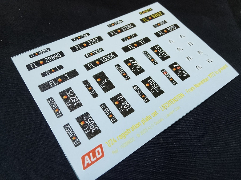 1972-PRESENT LIECHTENSTEIN REGISTRATION PLATES 1:43, 1:24, 1:18 DECALS - FOR 16 CARS