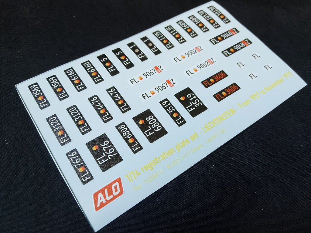 1957-1972 LIECHTENSTEIN REGISTRATION PLATES 1:43, 1:24, 1:18 DECALS - FOR 16 CARS