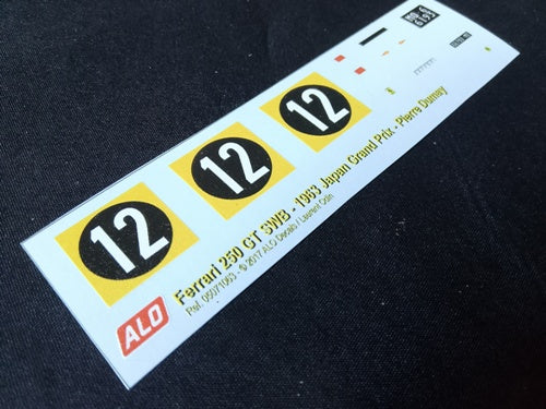 1963 JAPANESE GP #12 FERRARI 250 GT SWB PIERRE DUMAY 1:43, 1:32, 1:24, 1:18 DECALS