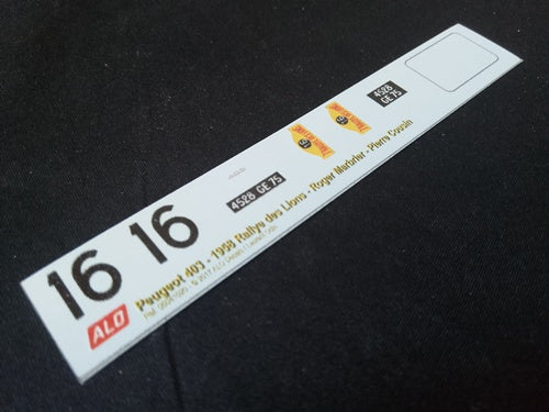1958 RALLYE DES LIONS #16 PEUGEOT 403 ROGER MARBRIER/PIERRE COUSIN 1:43 DECALS
