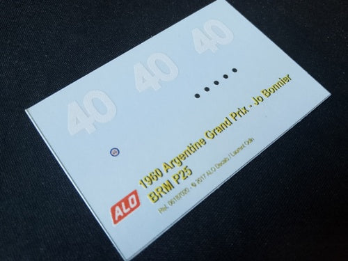 1960 ARGENTINE GP #40 BRM P25 JO BONNIER 1:43 DECALS