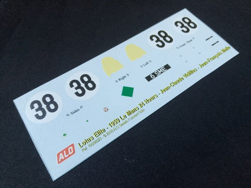 1959 LE MANS 24 HOURS #38 LOTUS ELITE JEAN-CLAUDE VIDILLES/JEAN-FRANCOIS MALLE 1:43, 1:32 DECALS