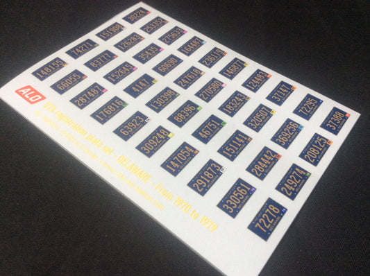 1970-1979 DELAWARE REGISTRATION PLATES 1:24 DECALS - FOR 20 CARS