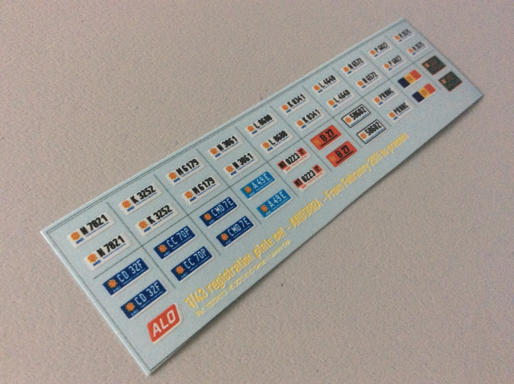 2011-PRESENT ANDORRA REGISTRATION PLATES 1:43 DECALS - FOR 20 CARS