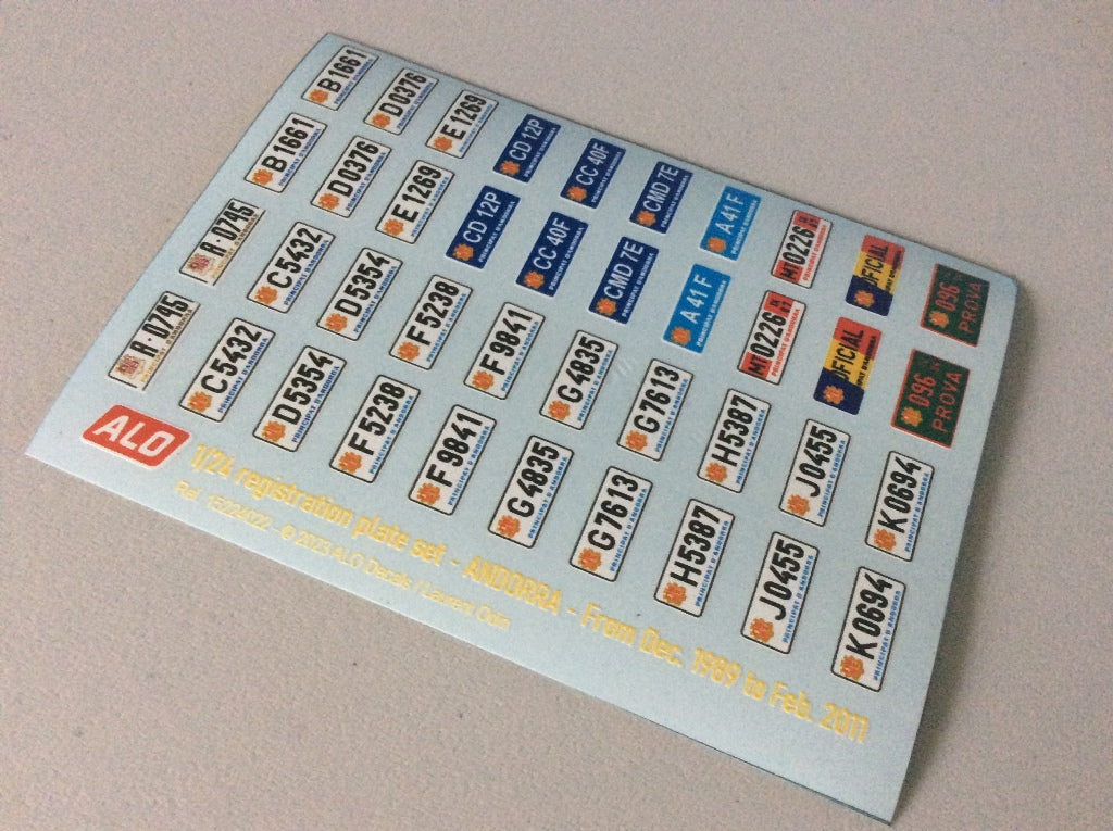 1989-2011 ANDORRA REGISTRATION PLATES 1:24 DECALS - FOR 20 CARS