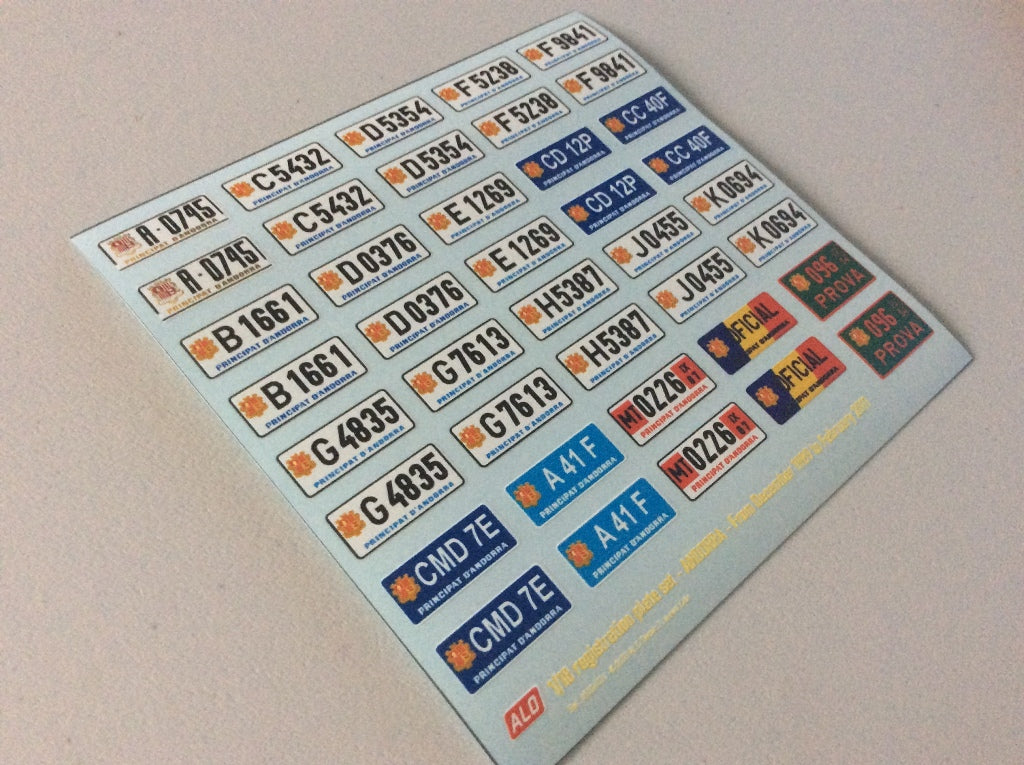 1989-2011 ANDORRA REGISTRATION PLATES 1:18 DECALS - FOR 20 CARS