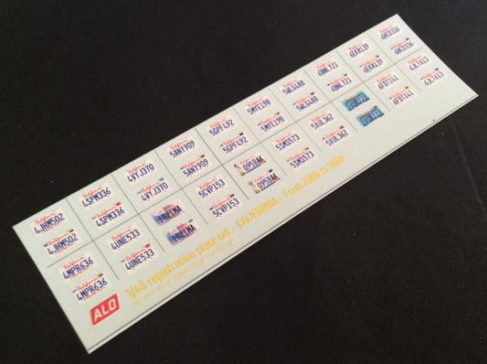 2000-2009 CALIFORNIA REGISTRATION PLATES 1:43 DECALS - FOR 20 CARS