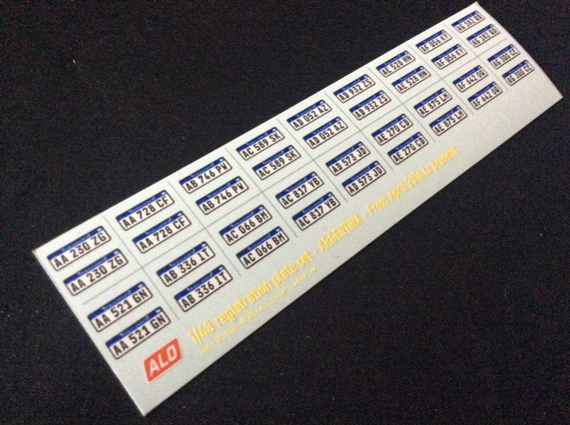 2016-PRESENT ARGENTINA REGISTRATION PLATES 1:43 DECALS - FOR 18 CARS