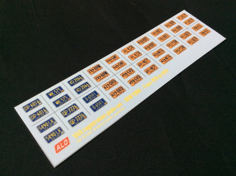 1970-1979 NEW YORK REGISTRATION PLATES 1:43 DECALS - FOR 20 CARS