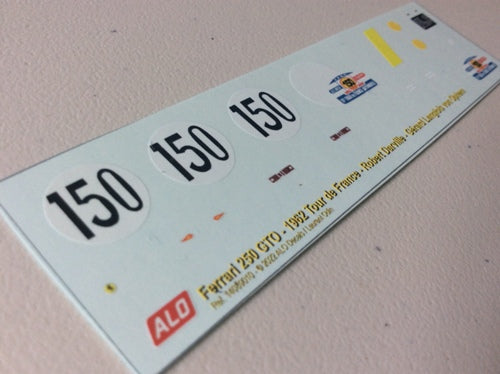 1962 TOUR DE FRANCE #150 FERRARI 250 GTO ROBERT DARVILLE/GERARD LANGLOIS VON OPHEM 1:43, 1:18 DECALS