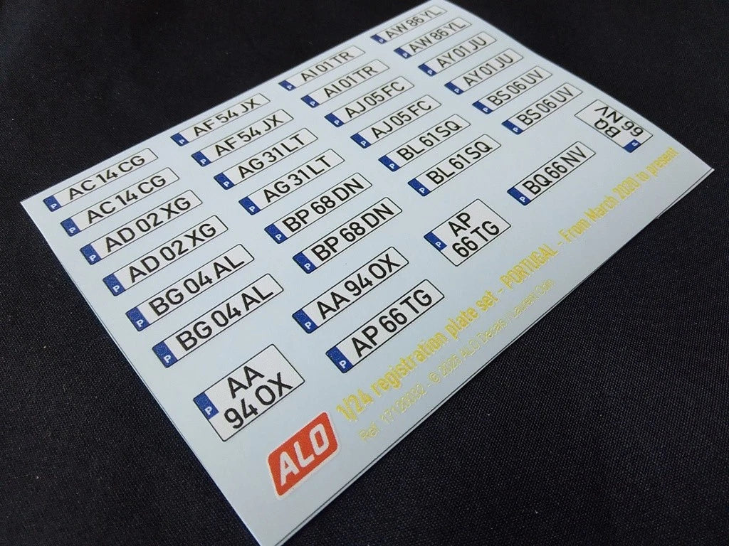 2020-PRESENT PORTUGUESE REGISTRATION PLATES 1:43, 1:18 DECALS - FOR 15 CARS