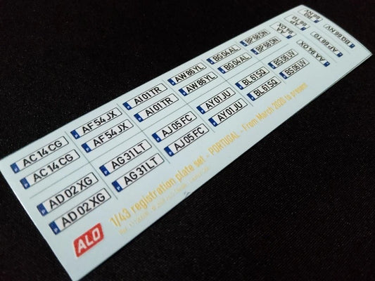 2020-PRESENT PORTUGUESE REGISTRATION PLATES 1:43 DECALS - FOR 15 CARS