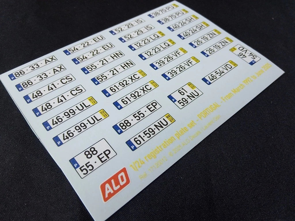 1992-2005 PORTUGUESE REGISTRATION PLATES 1:43, 1:18 DECALS - FOR 15 CARS