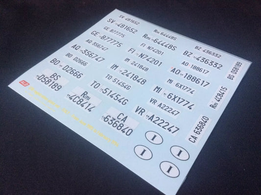 1985-1994 ITALIAN REGISTRATION PLATES 1:18 DECALS - FOR 15 CARS