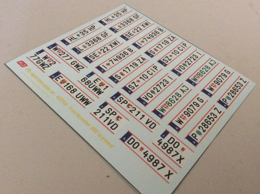2002-PRESENT AUSTRIAN REGISTRATION PLATES 1:43, 1:18 DECALS - FOR 14 CARS