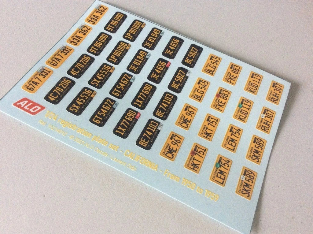 1950-1959 CALIFORNIA REGISTRATION PLATES 1:43, 1:24, 1:18 DECALS - FOR 20 CARS