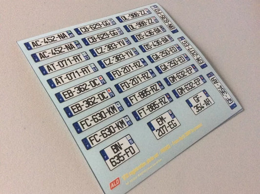 2009-PRESENT FRENCH REGISTRATION PLATES 1:87, 1:43, 1:24, 1:18 DECALS - FOR 15 CARS