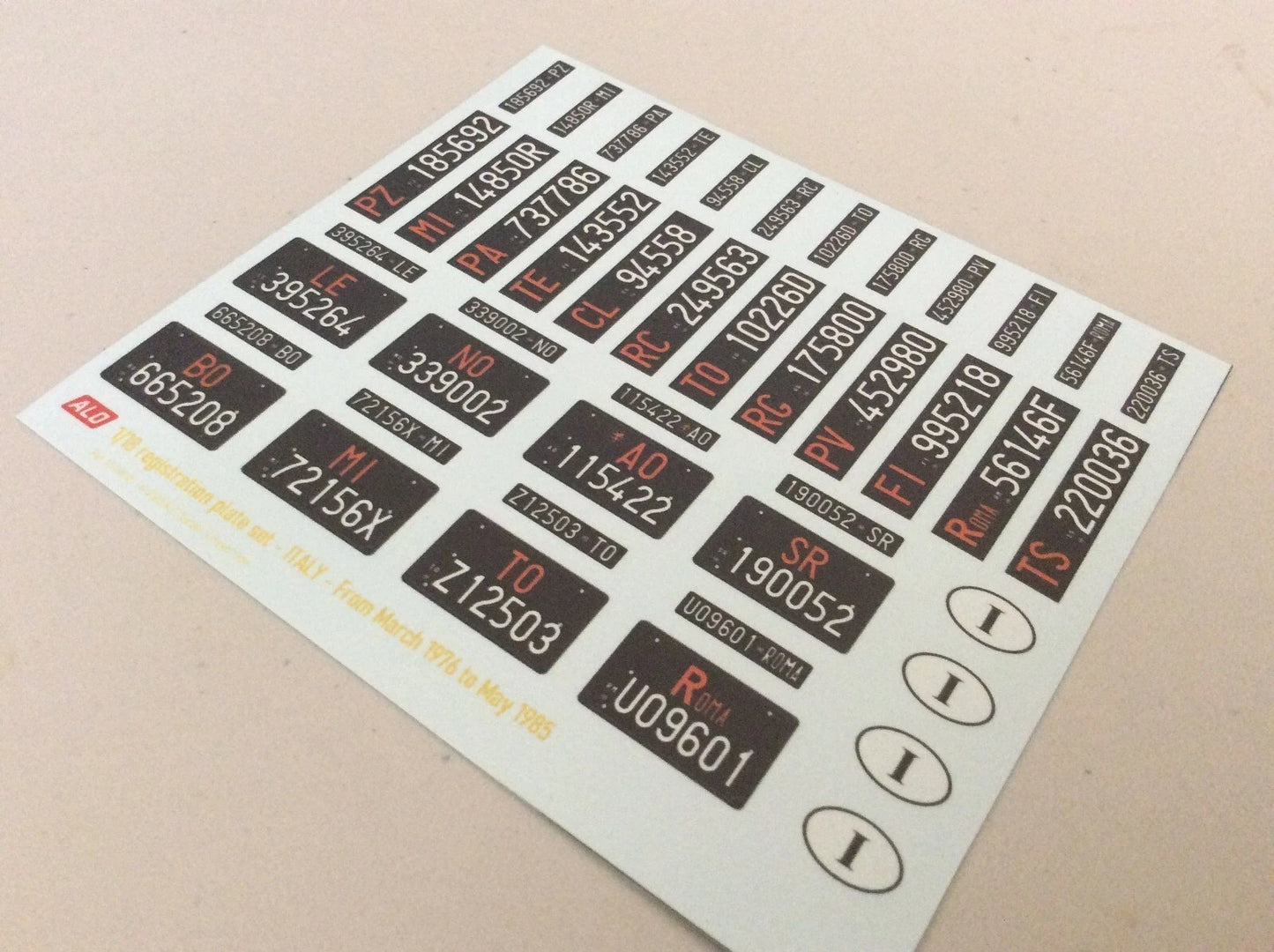 1976-1985 ITALIAN REGISTRATION PLATES 1:87, 1:43, 1:24, 1:18 DECALS - FOR 20 CARS
