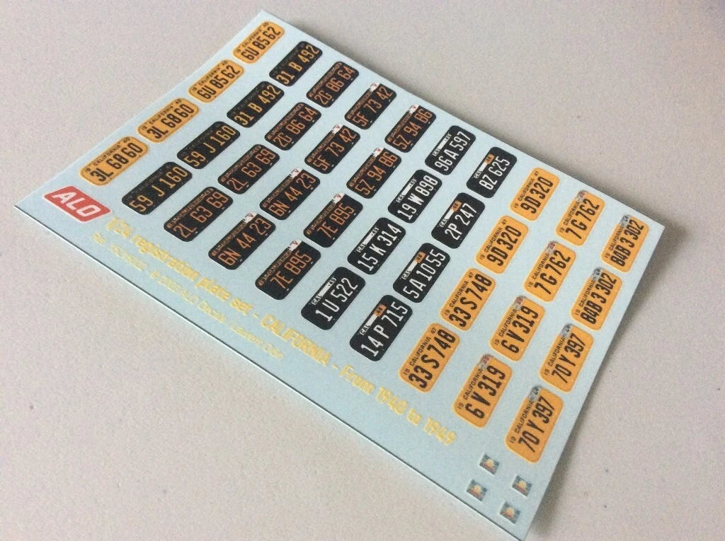1940-1949 CALIFORNIA REGISTRATION PLATES 1:43, 1:24, 1:18 DECALS - FOR 24 CARS