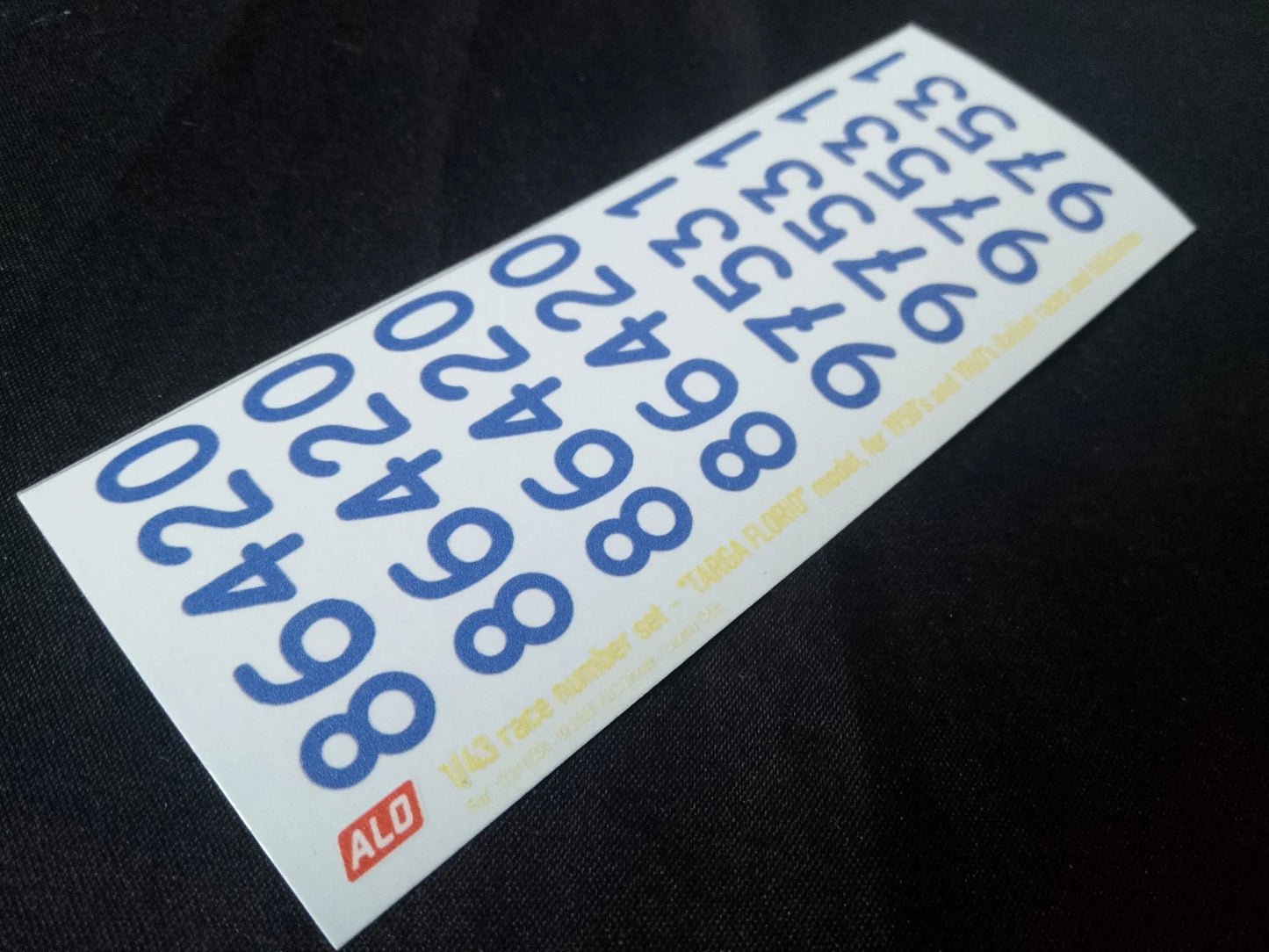 1950's TO 1960's ITALIAN-STYLE HAND-PAINTED RACE NUMBERS IN BLUE OR WHITE - "TARGA FLORIO" MODEL - 1:43, 1:18 DECALS