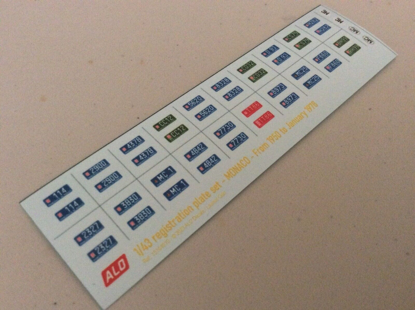 1950-1978 MONACO REGISTRATION PLATES 1:43 DECALS - FOR 20 CARS