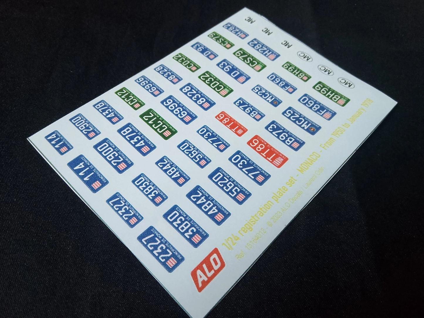 1950-1978 MONACO REGISTRATION PLATES 1:43, 1:24, 1:18 DECALS - FOR 20 CARS