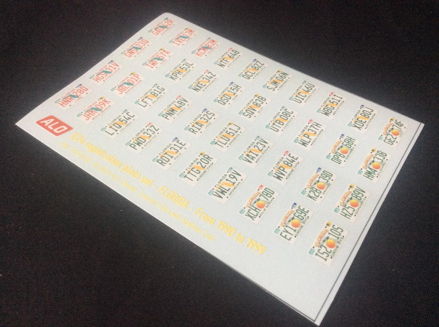 1990-1999 FLORIDA REGISTRATION PLATES 1:24 DECALS - FOR 40 CARS