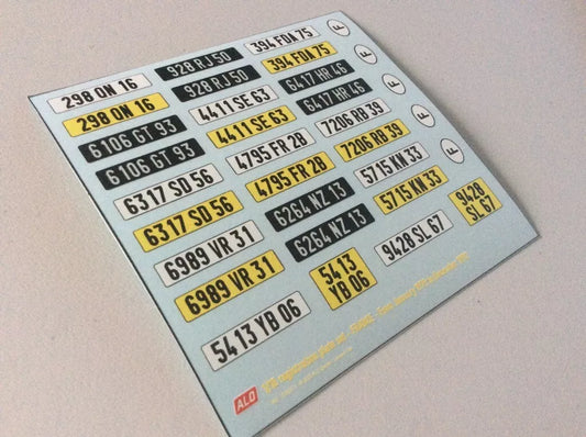 1979-1992 FRENCH REGISTRATION PLATES 1:87, 1:43, 1:24, 1:18 DECALS - FOR 14 CARS