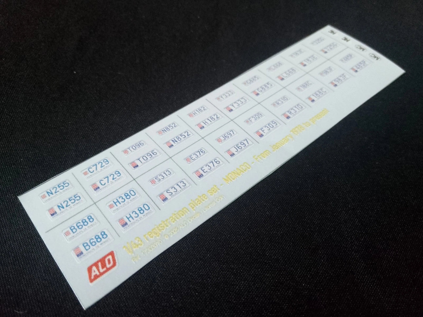 1978-PRESENT MONACO REGISTRATION PLATES 1:43, 1:24, 1:18 DECALS - FOR 20 CARS