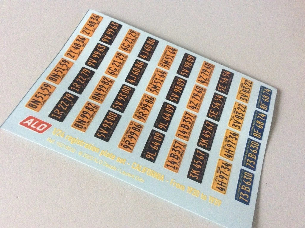 1930-1939 CALIFORNIA REGISTRATION PLATES 1:43, 1:24, 1:18 DECALS - FOR 20 CARS
