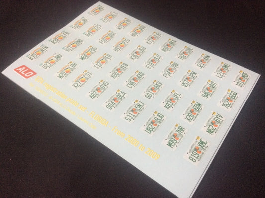 2000-2009 FLORIDA REGISTRATION PLATES 1:24 DECALS - FOR 40 CARS